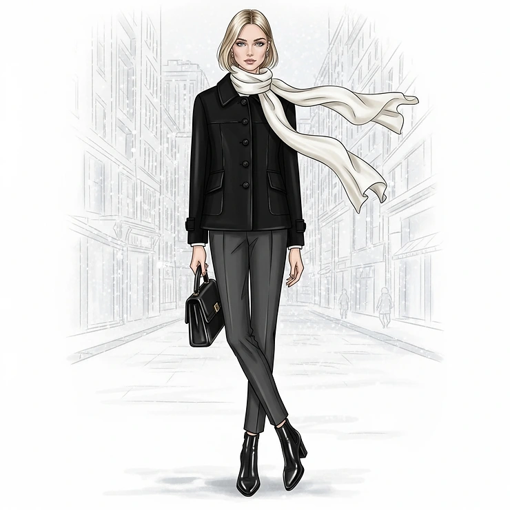 Fashion illustration showing a ladies black reefer jacket styled for a chic winter ensemble.