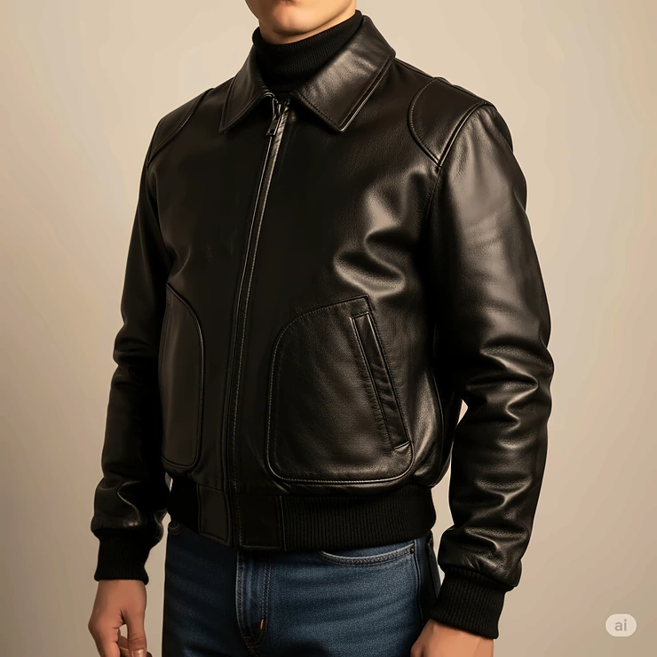 A sleek black vintage leather bomber jacket, showcasing a slightly different cut and its versatile appeal for various styles.