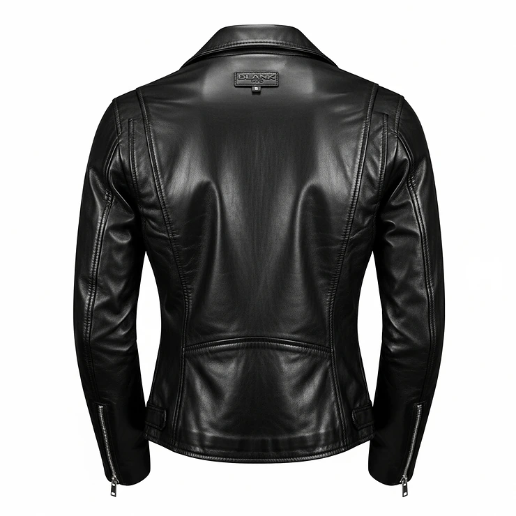Back view of a classic Blank NYC moto jacket, showcasing its clean lines and flattering silhouette from behind.