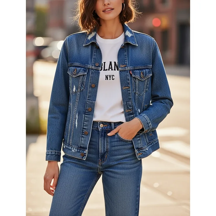Model wearing a Blank NYC denim jacket paired effortlessly with jeans and a basic t-shirt for a comfortable everyday style.