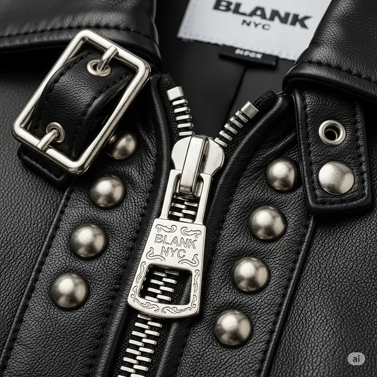 Detailed close-up of the high-quality zipper and metallic hardware on a Blank NYC jacket, emphasizing its attention to detail.