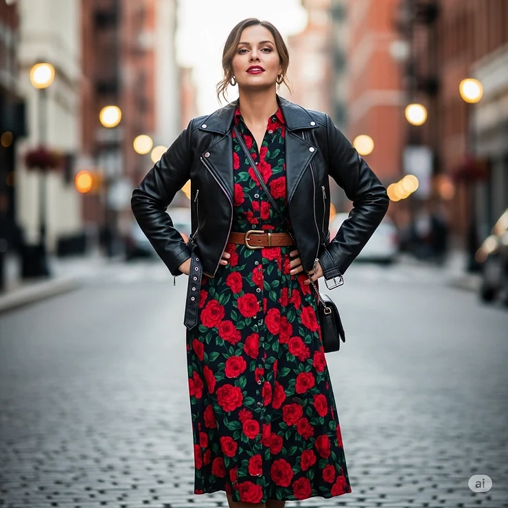 Stylish Blank NYC jacket layered over a floral dress, demonstrating versatile styling options for a trendy look.