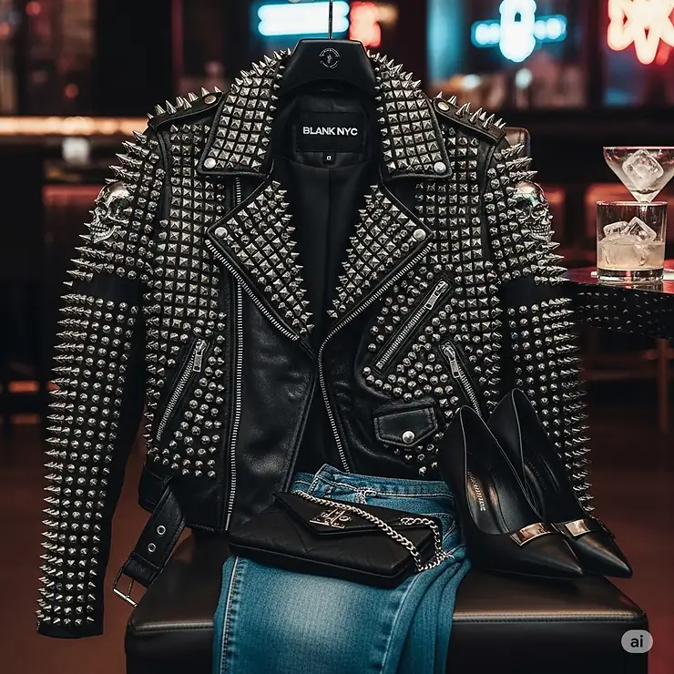 Edgy Blank NYC studded jacket styled for a night out, adding a bold statement to any evening ensemble.