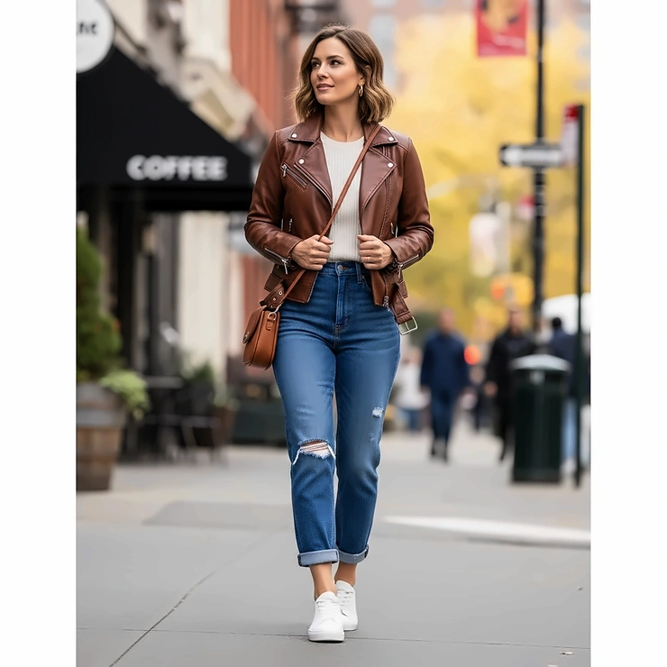Woman confidently wearing a stylish Blank NYC faux leather jacket as part of a casual chic outfit, perfect for urban exploration.