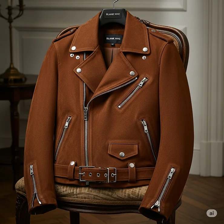 Luxurious brown Blank NYC suede jacket, offering a sophisticated alternative to classic leather styles.
