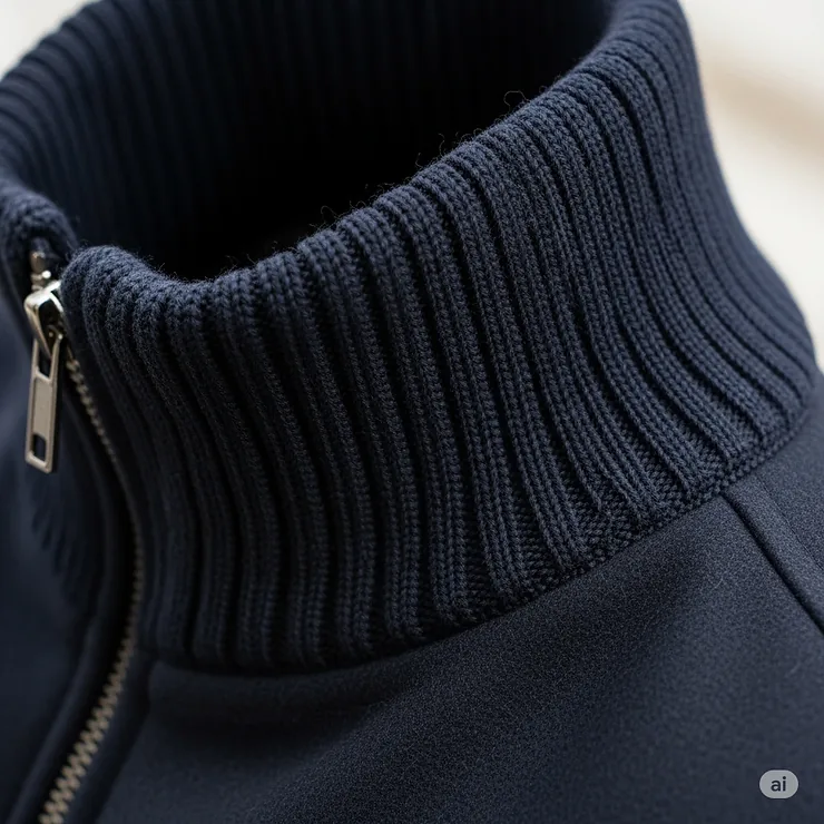 Detailed close-up of the ribbed knit collar of a classic navy blouson jacket, showcasing its craftsmanship.