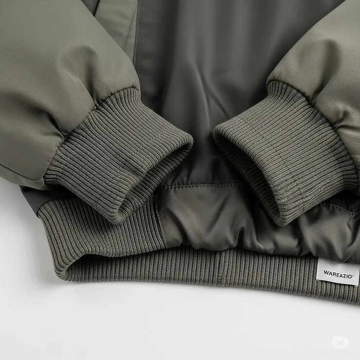 Detailed view of the elasticated ribbed cuffs and hem of a contemporary blouson jacket, characteristic of its comfortable fit.