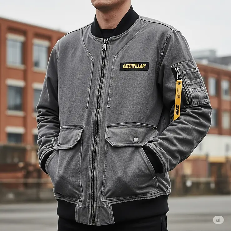 Stylish Caterpillar bomber jacket, blending workwear durability with a modern, casual aesthetic.