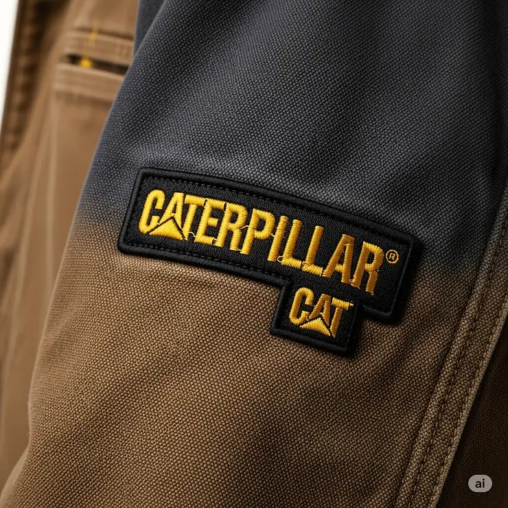 Embroidered Caterpillar logo on the sleeve of a work jacket, signifying authentic Caterpillar quality and brand recognition.