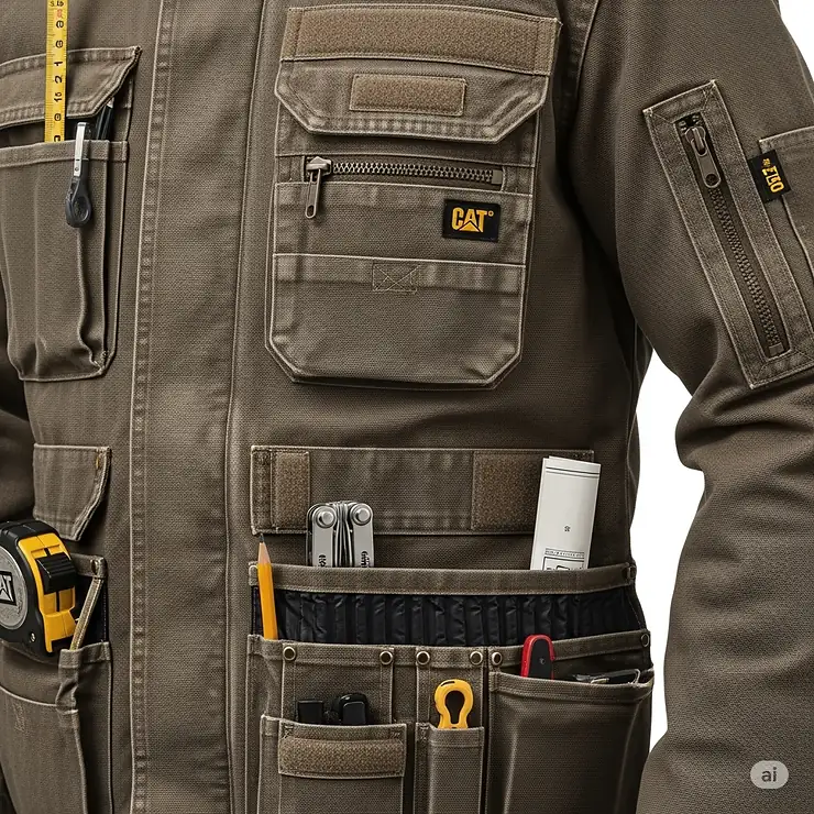 Detail shot of a Caterpillar jacket's multiple utility pockets, highlighting practical storage for tools and essentials.