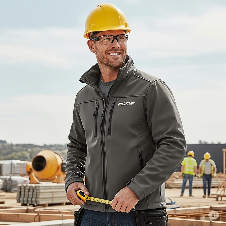 Lightweight Caterpillar softshell jacket, perfect for layering and offering flexibility for active outdoor work.