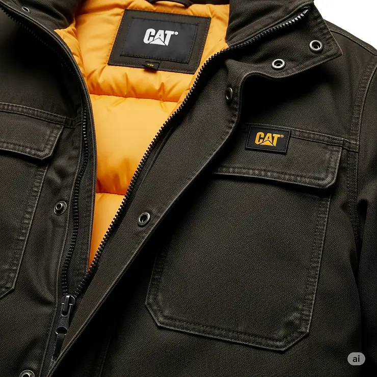 Close-up of a men's Caterpillar winter coat, showcasing its insulated lining and robust outer shell for extreme cold.