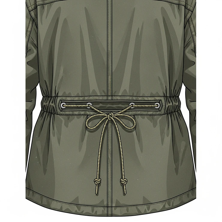 Back view illustration of a cinch jacket, clearly showing the internal or external drawstring mechanism that allows for waist adjustment and a tailored fit.