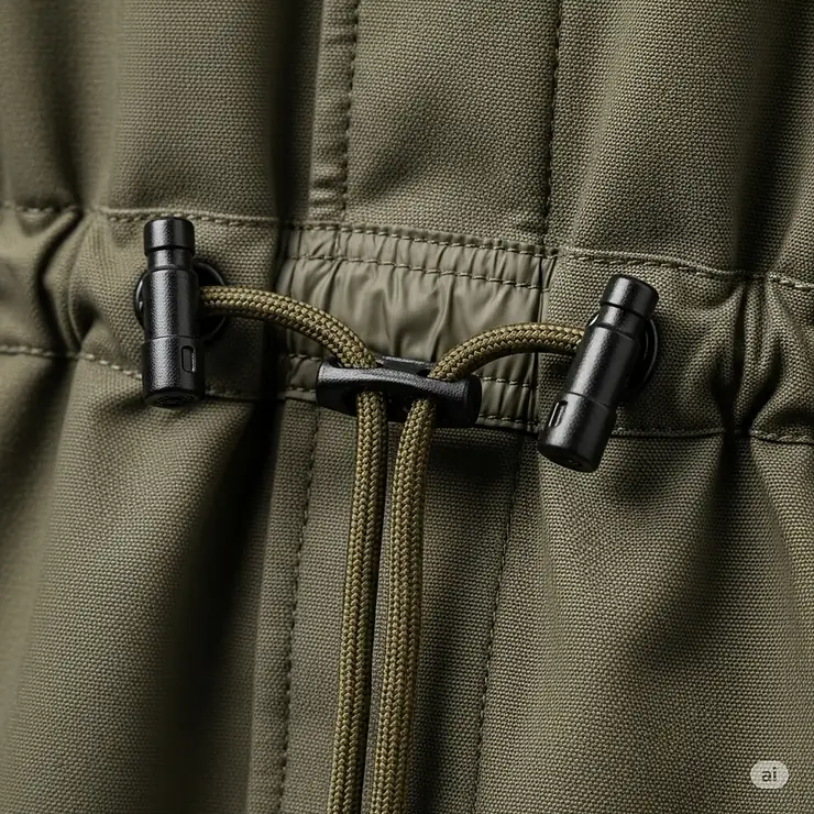 Close-up view of the adjustable cinch detail on a jacket, highlighting the drawstring and toggles for a customizable fit at the waist.