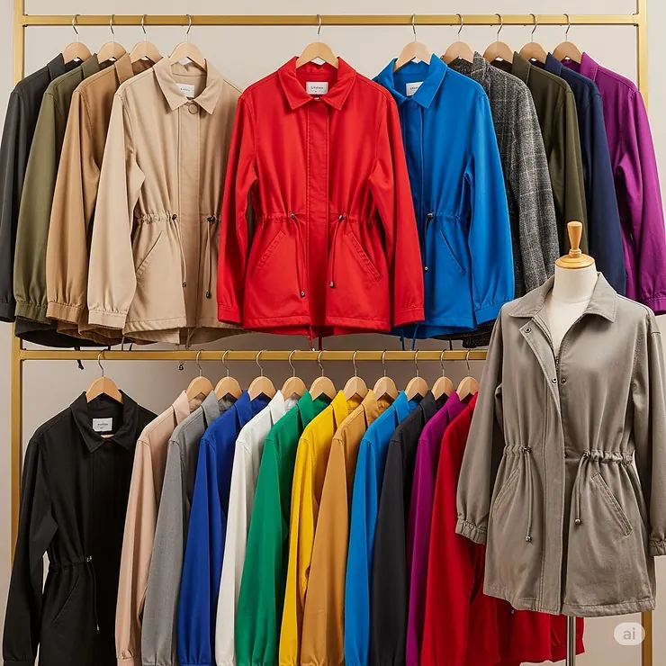 A vibrant collection of cinch jackets displayed in various colors, showcasing the wide range of available hues from neutral tones to bold statements.