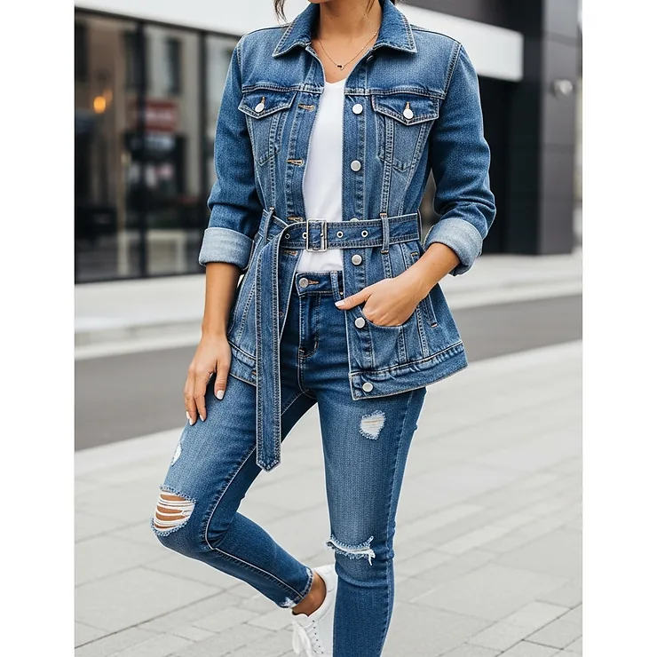 A fashionable denim cinch jacket styled with casual wear, illustrating how the durable fabric and adjustable waist enhance a classic denim look.