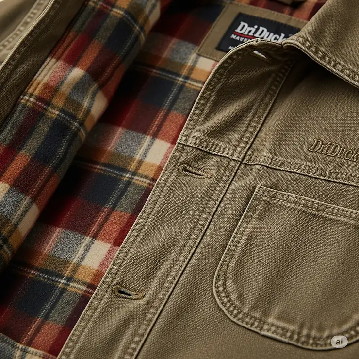 Close-up of a Dri Duck Maverick jacket, highlighting its comfortable lining and robust canvas exterior, perfect for cool weather.