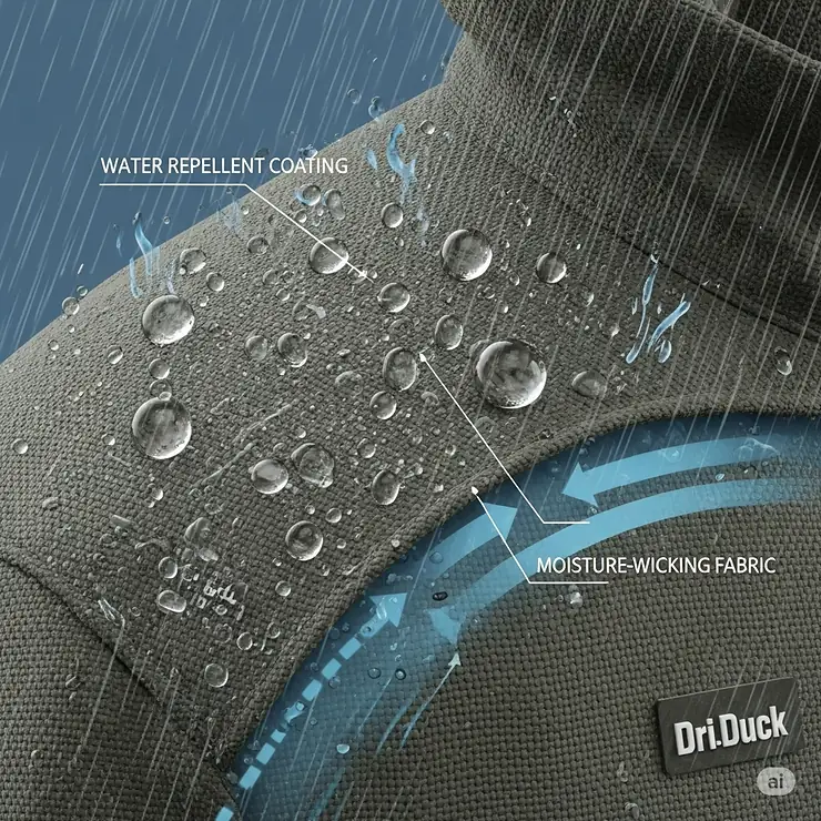 Diagram showing water beading off a Dri Duck jacket, illustrating its effective water-resistant properties in wet conditions.