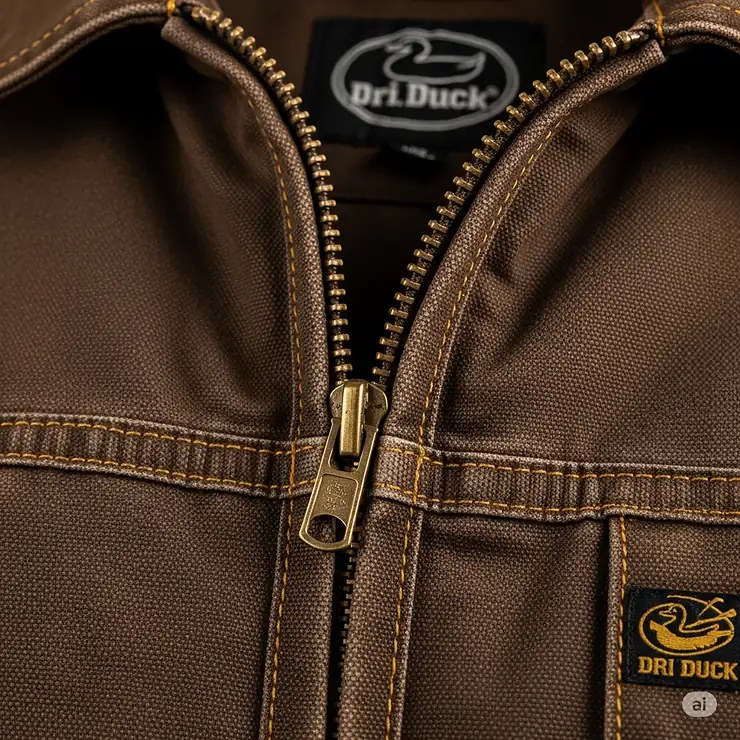 Detailed view of a Dri Duck work jacket's reinforced stitching and heavy-duty zipper, indicating its long-lasting quality.