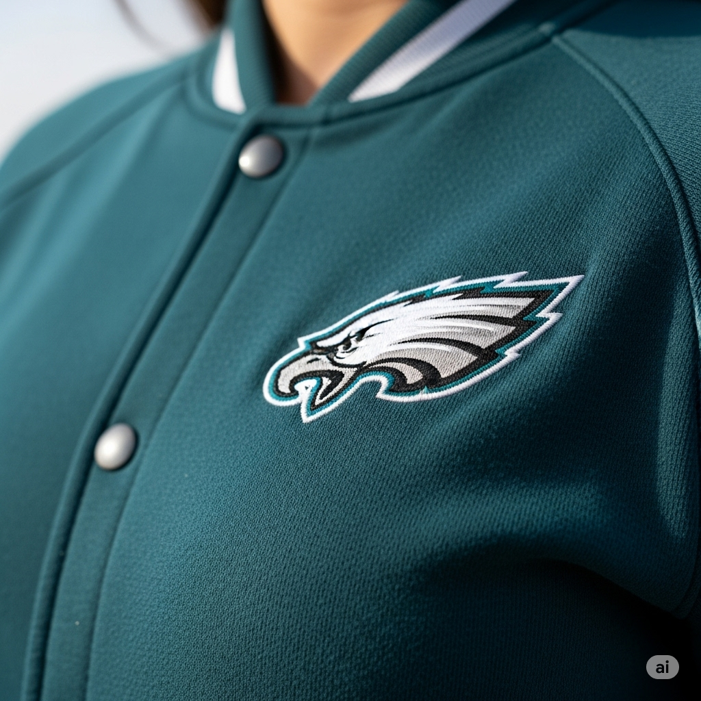 Detailed shot of the high-quality fabric and stitching of a ladies' Eagles jacket, emphasizing its durability and comfort.