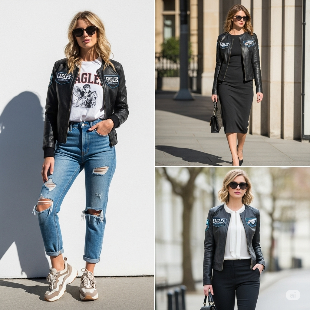 Various outfit ideas featuring a versatile ladies' Eagles jacket, demonstrating how it can be styled for different occasions.