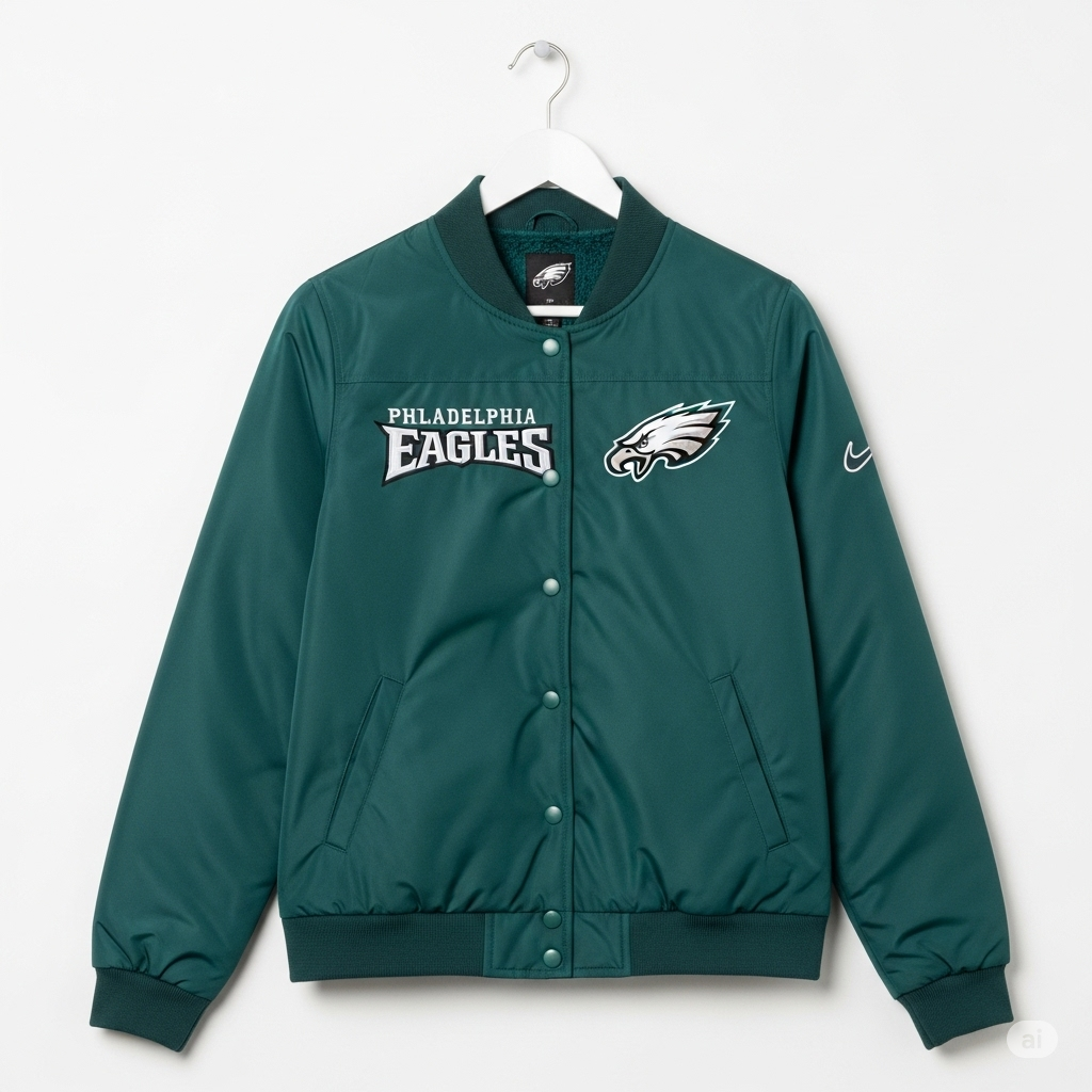 Full product view of a new ladies' Philadelphia Eagles jacket on a hanger, ready for display or purchase.