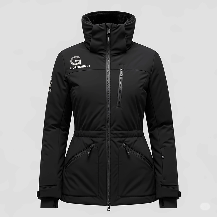 Full view of a sleek black Goldbergh ski jacket with a flattering silhouette and signature brand details.