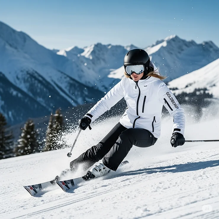 Stylish woman skiing in a white Goldbergh ski jacket with black accents, perfect for luxury performance on the slopes.