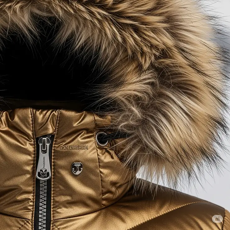 Detail of the detachable faux fur hood on a Goldbergh ski jacket, providing warmth and a touch of elegance.