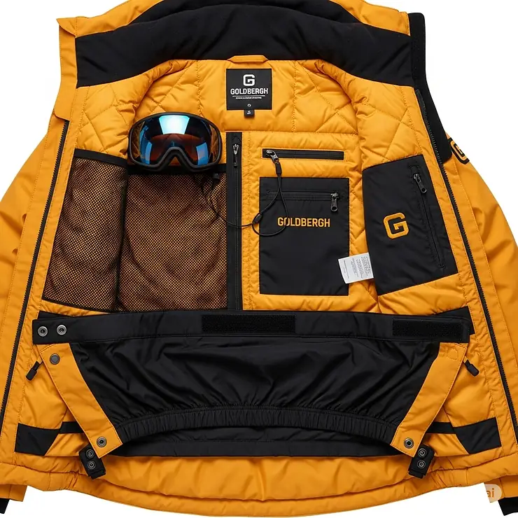 Inside view of a Goldbergh ski jacket showing the integrated powder skirt and secure internal pockets for essentials.
