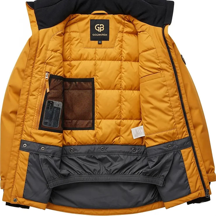 Close-up of the iconic Goldbergh logo emblem on a luxury ski jacket, symbolizing premium quality and style.