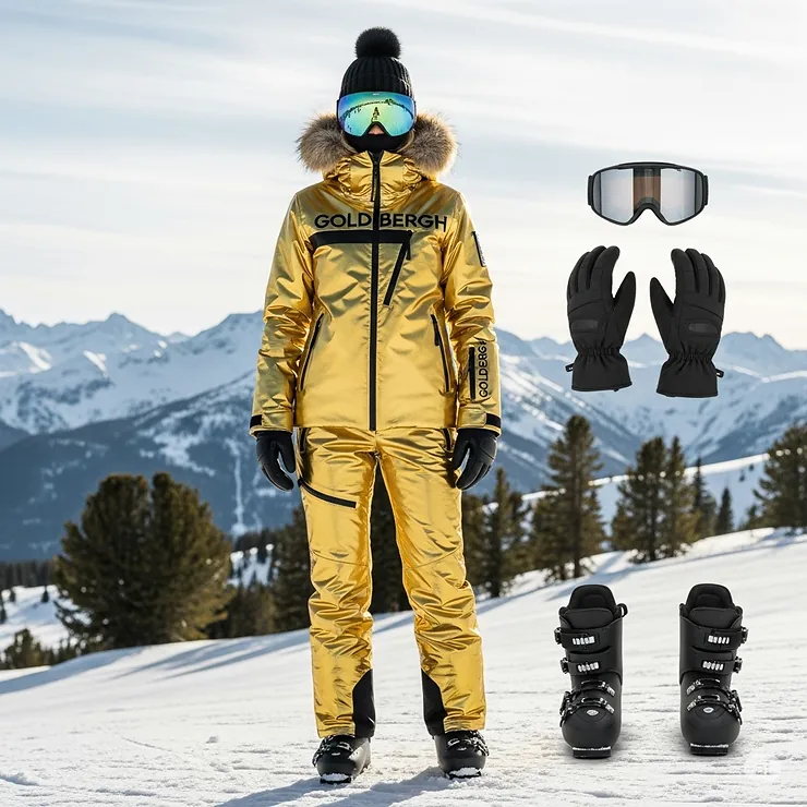 Complete ski outfit featuring a vibrant Goldbergh ski jacket paired with matching high-performance ski pants and accessories.