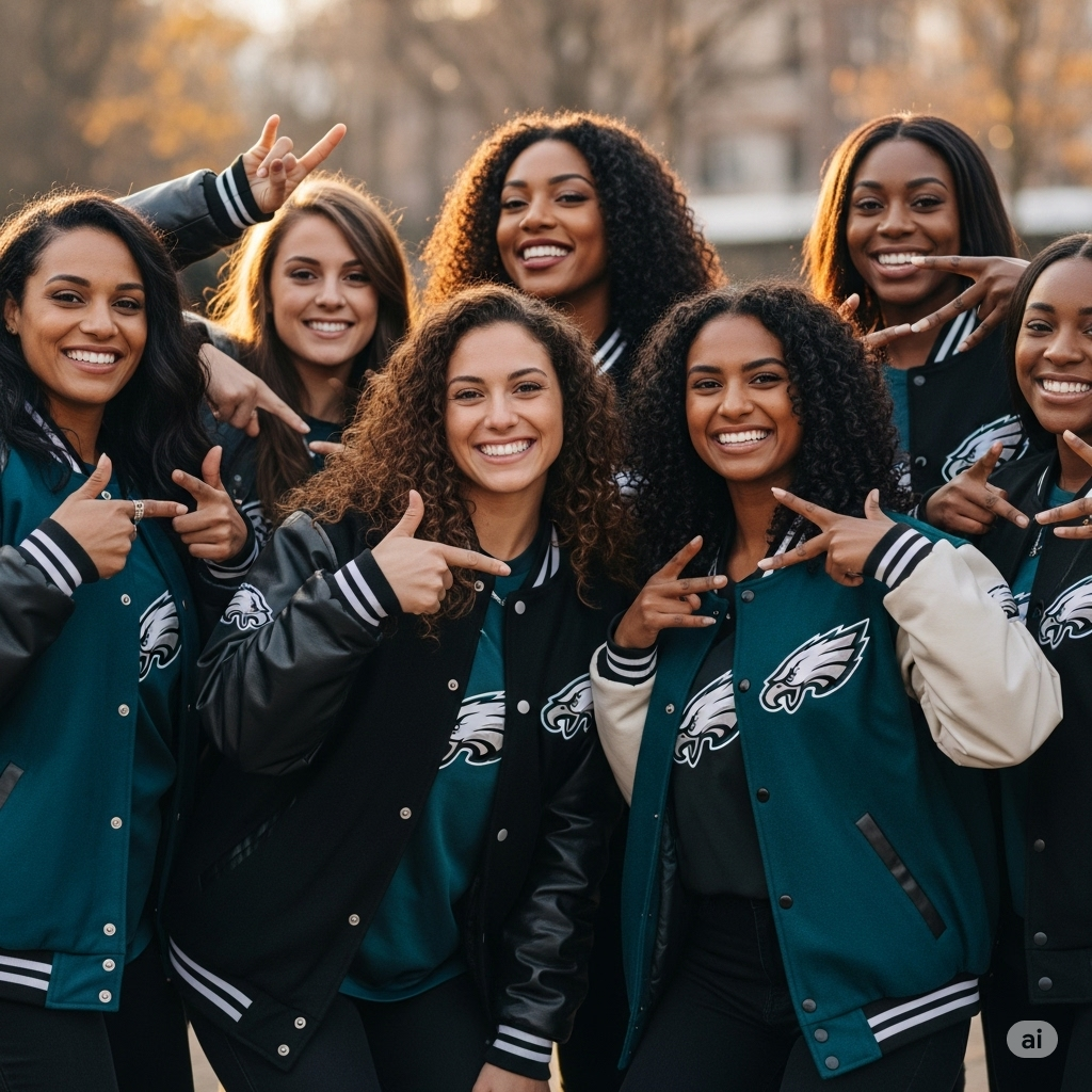 A group of diverse women proudly showcasing their Philadelphia Eagles jackets, highlighting fan camaraderie.