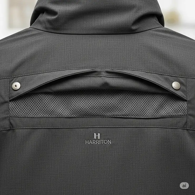 Back view of a Harriton jacket, showcasing a unique design detail or ventilation feature.