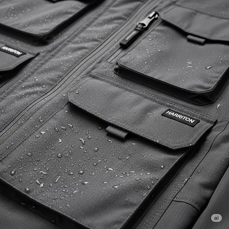 Close-up of key features of a Harriton jacket, highlighting its practical pockets and water-resistant fabric for ultimate utility.