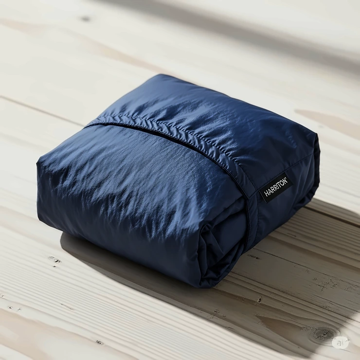 A Harriton jacket neatly folded, demonstrating its packability and suitability for travel or storage.
