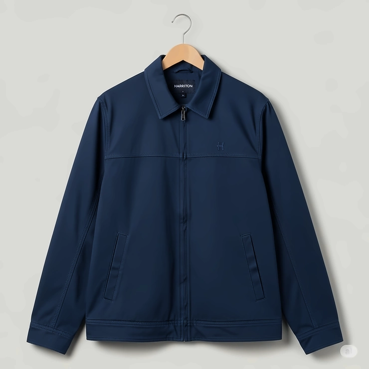 Crisp front view of a Harriton jacket neatly displayed on a hanger, emphasizing its clean lines and quality craftsmanship.