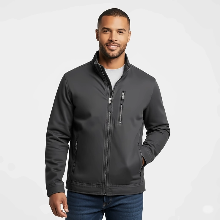 A man confidently models a stylish Harriton jacket, showcasing its modern design and comfortable fit, perfect for everyday wear.