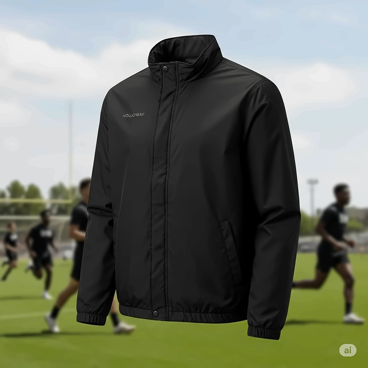 A sleek black Holloway coaches jacket, featuring water-resistant fabric and a comfortable fit, ideal for outdoor sports events.