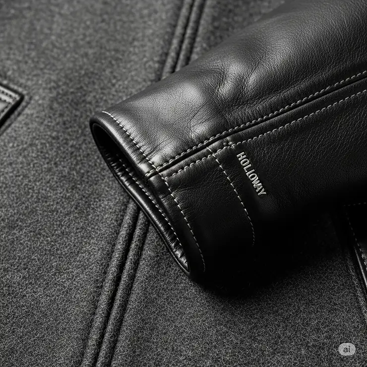 Close-up of the durable, high-quality wool and genuine leather materials used in a Holloway jacket, highlighting craftsmanship.