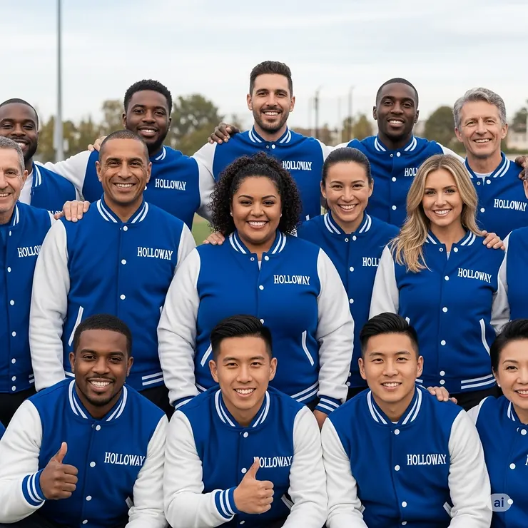 A diverse group of individuals proudly wearing matching Holloway team jackets, showcasing unity and team spirit.
