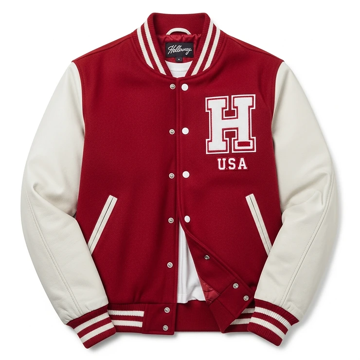 A classic red and white Holloway varsity jacket, showcasing its high-quality wool body and leather sleeves, perfect for athletic teams and casual wear.