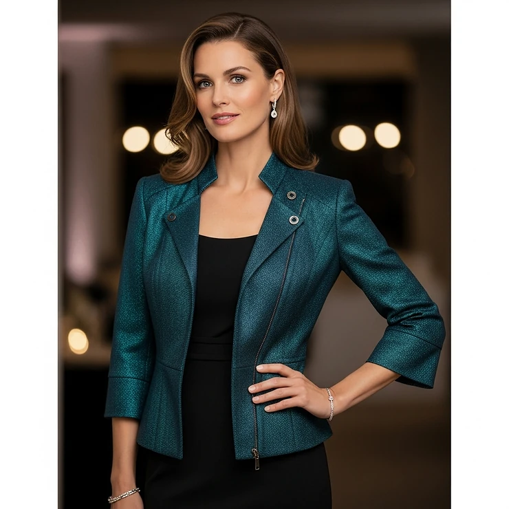 Model confidently wearing a stylish Joseph Ribkoff dressy jacket, perfect for evening wear or special events.