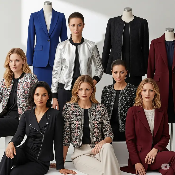 An assortment of diverse Joseph Ribkoff jacket styles, including blazers, bomber jackets, and fitted designs.