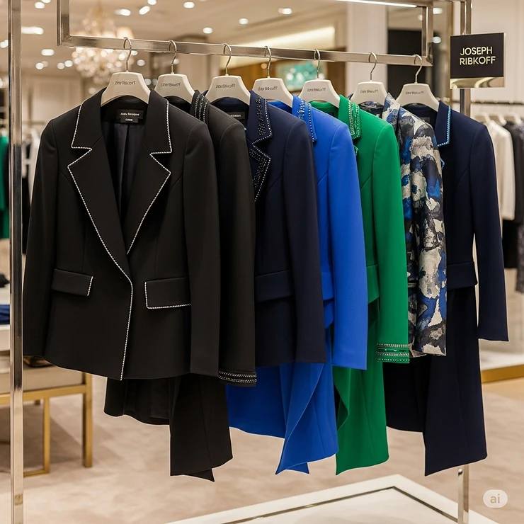 A curated display of various Joseph Ribkoff jackets hanging elegantly in a boutique setting, ready to be discovered.