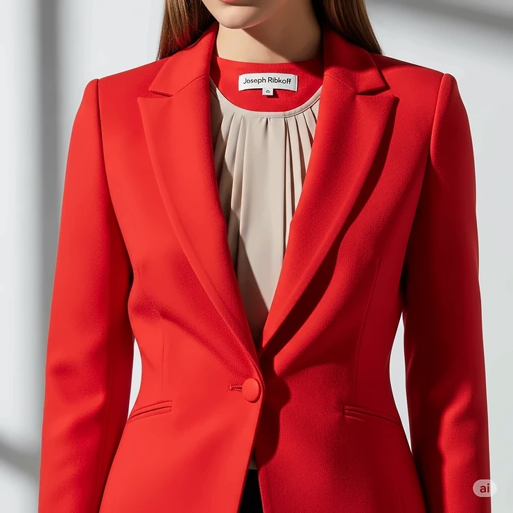 Make a bold statement with a vibrant red Joseph Ribkoff jacket, adding a pop of color to your wardrobe.