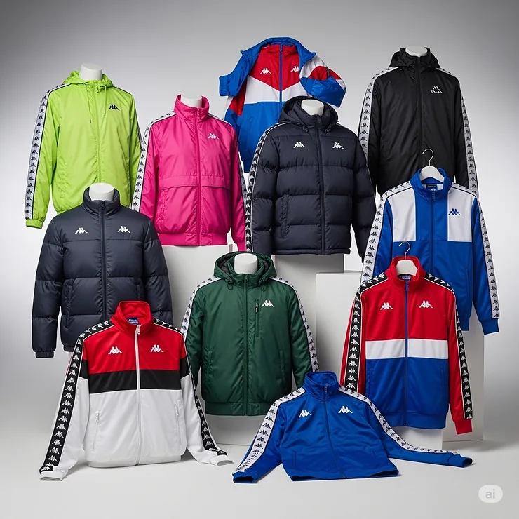 Array of various Kappa jackets from a sportswear collection, including windbreakers, puffer jackets, and track jackets, highlighting the brand's diverse range for different seasons and activities.
