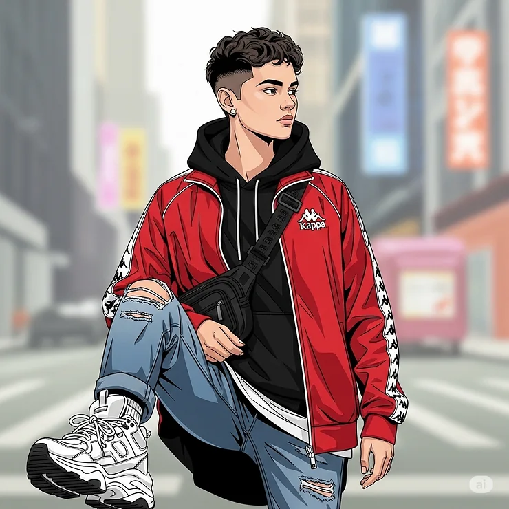 A graphic depicting a person styled in a Kappa jacket as part of a modern streetwear ensemble, emphasizing its integration into contemporary fashion trends.