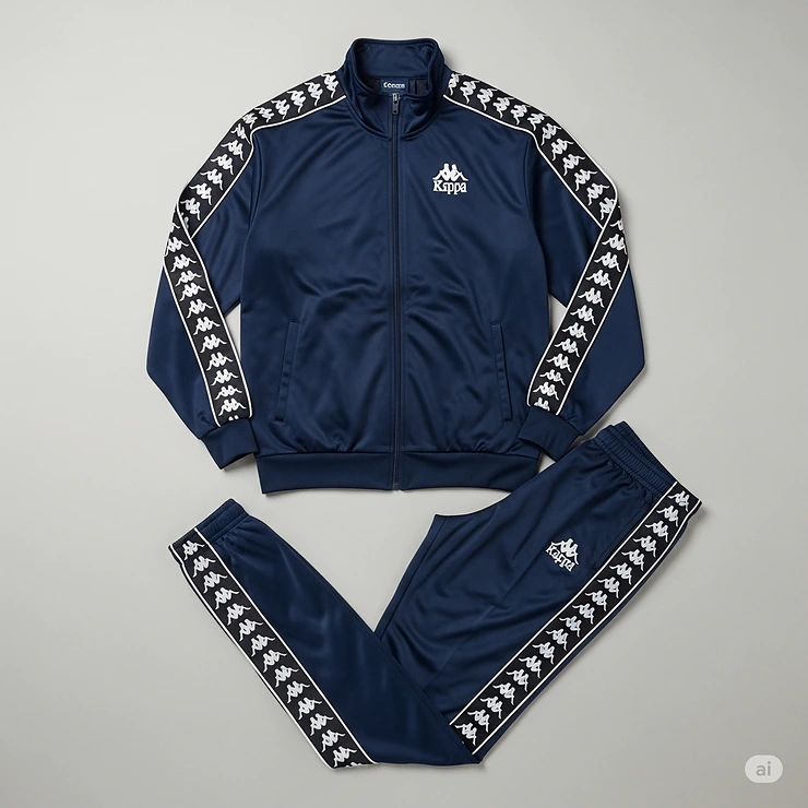 Full view of a complete Kappa tracksuit, featuring a classic track jacket and matching pants, perfect for athletic training or a comfortable, coordinated look.