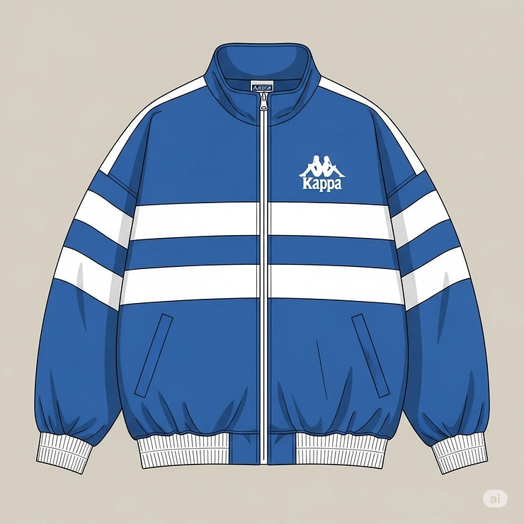 Illustration of a vintage-inspired Kappa jacket, showcasing retro design elements like bold stripes and a relaxed fit, appealing to fans of classic sportswear.
